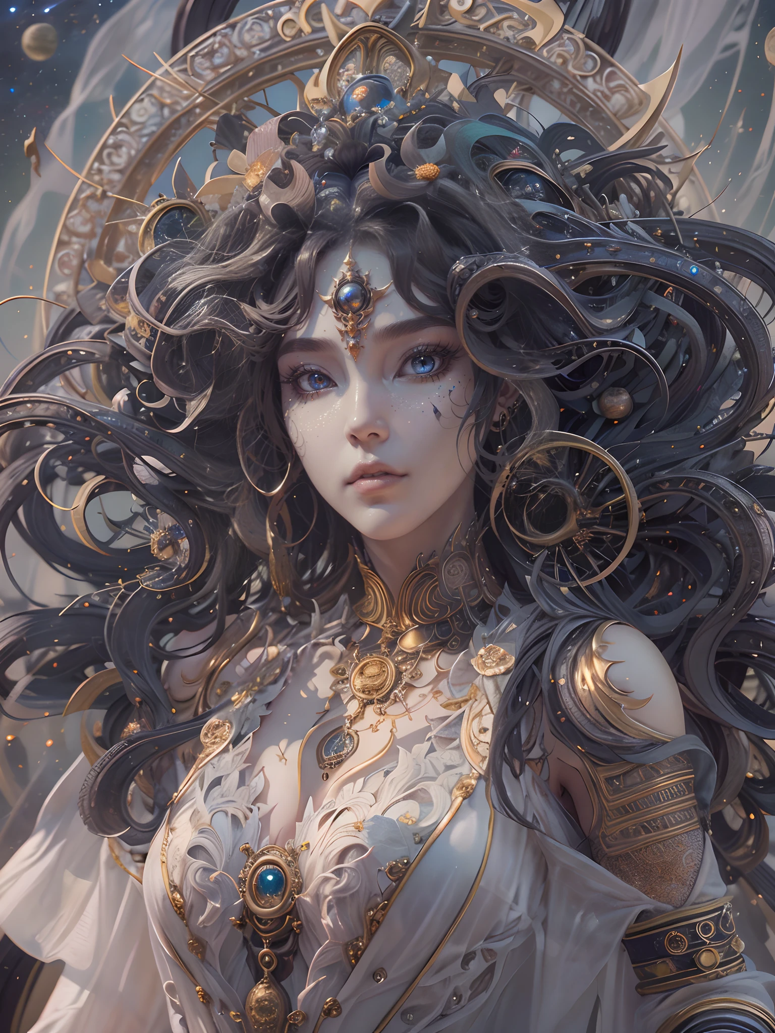 (best qualtiy,ultra - detailed,Most Best Illustration,Best shadow,tmasterpiece,A high resolution,professionalartwork,famousartwork),Detailed eyes,beautidful eyes,closeup cleavage,sci-fy,colored sclera,Robot eyes,face markings,Tattooed with,(fractalized,Fractal eyes),largeeyes,Wide eyes,(Eye focus),sface focus,Cosmic eyes,Space eyes,Close-up of metal sculpture of a woman with a moon in her hair,goddes。extremly high detail,3 d goddess portrait,Extremely detailed footage of the goddess,a stunning portrait of a goddess,Side portrait of the goddess,portrait of a beautiful goddess,Full body close-up portrait of the goddess,hecate goddess,portrait of a norse moon goddess,goddess of space and time