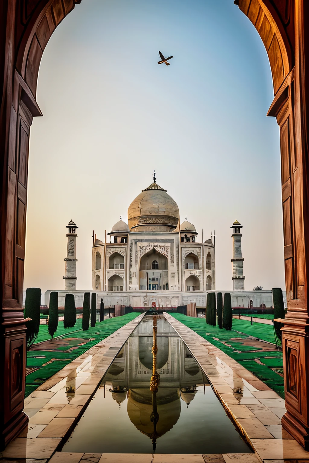 "Describe a serene scene featuring the iconic Taj Mahal standing majestically amidst a golden sunrise, with a flock of birds gracefully gliding above it. In the courtyard, children are joyfully playing, their laughter echoing through the marble halls."