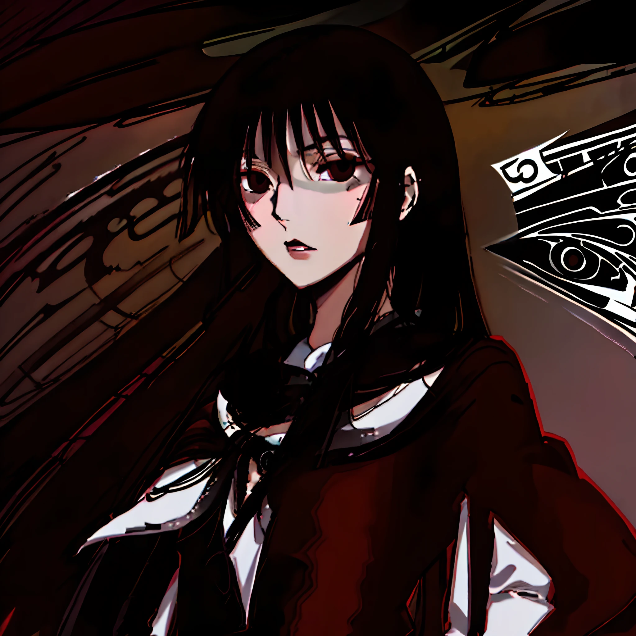 (1girl:1.3), (((with black hair and one white lock of hair in the middle ))), slim, skinny, xxxholic, long hair, tall anime girl with stunning dark eyes, (((black eyes))), anime girl with dark eyes, confident, anime character, full body illustration, Smooth Anime CG Art