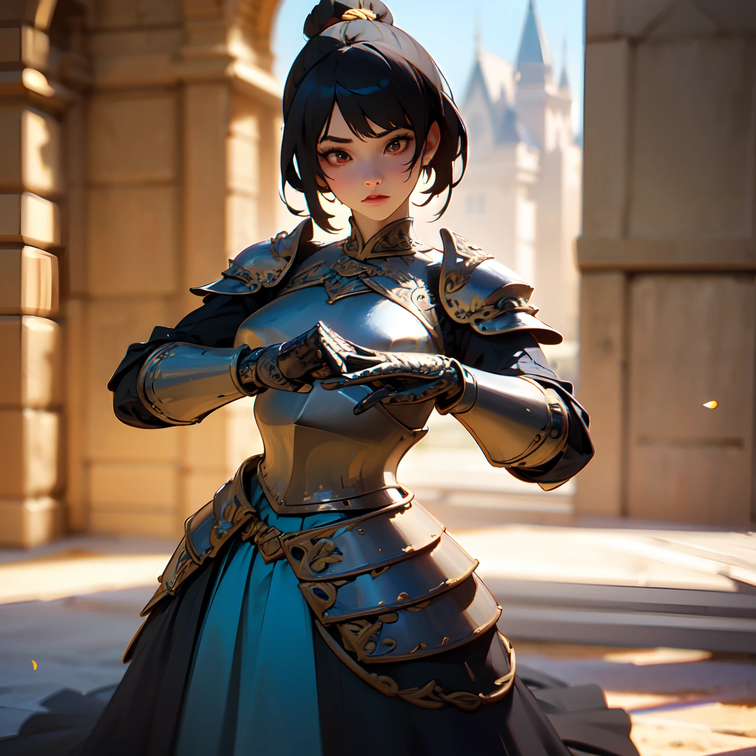 (3d animation:1), 3d cray animation, (masterpiece, best quality),(extremely intricate:1.3), (realistic), 1girl, red eyes, perfect eyes, perfect iris, perfect pupils, perfect lips, perfect nose, perfect hands, very detailed hands, perfect fingers, black hair, short hair, straight hair, bobbles ponytail hair, (medieval armor), metal reflections, (gold armor:1), outdoors, German castle, (ornately decorated armor), (insanely detailed, bloom:1.5), chainmail, intense sunlight, professional photograph of a stunning woman detailed, sharp focus, award winning, cinematic lighting, blurry background, practice yard of a castle, everyday life, ((confident)), (Pose:looking at the camera), shadows, contrast, clear blue sky,
