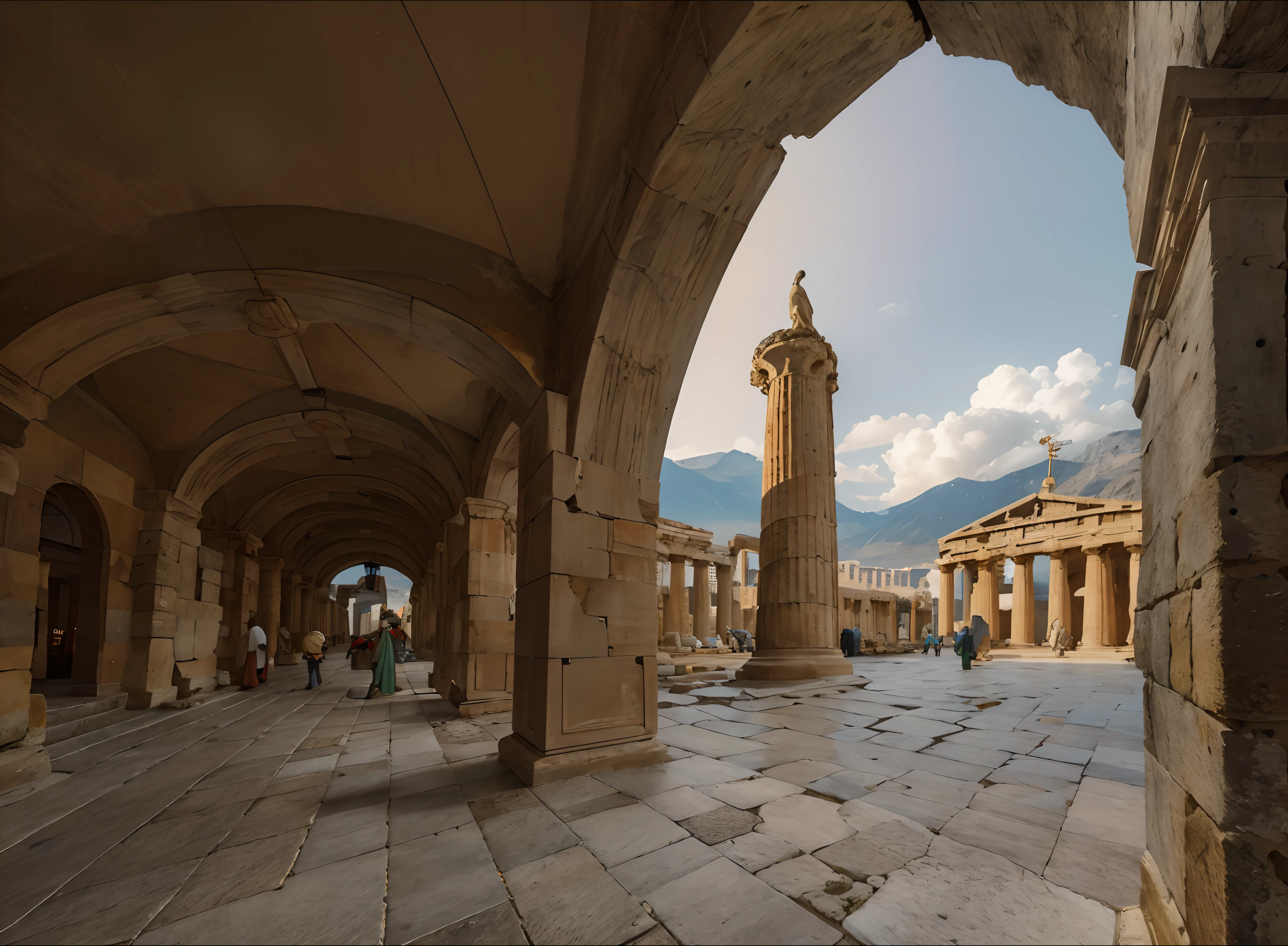 photography of an ancient city square seen by an arcade with corinthian style columns, greek wise men walking, ancient greece, ancient greek architecture, hyperrealistic, temples