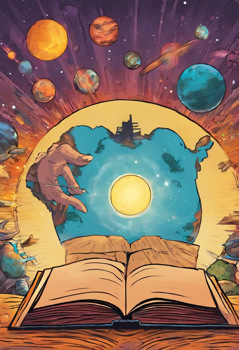 Two hands holding an open book, out of the book came out a planet shaped like a lamp, blurred background, realistic image