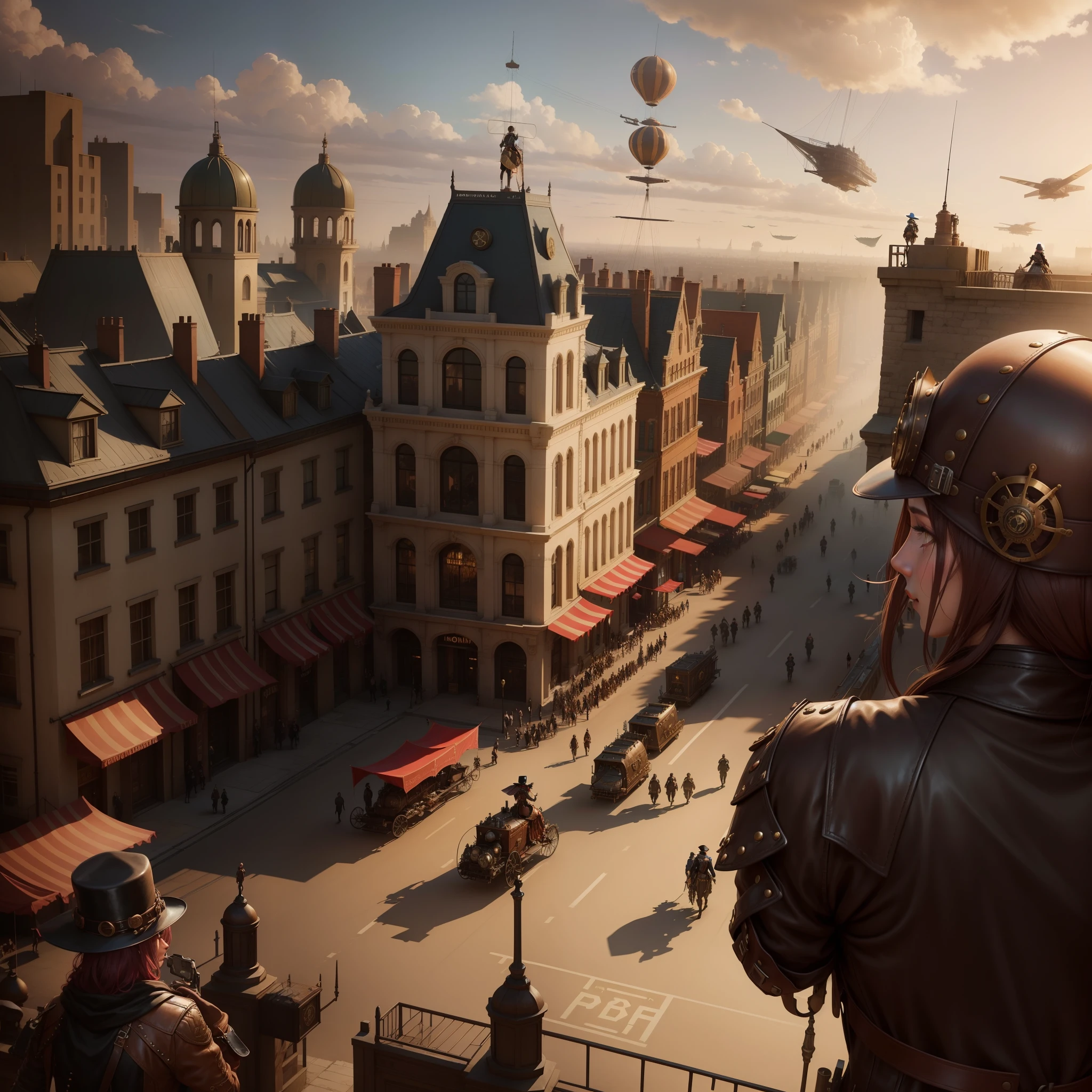 female rogue with steampunk hat, silk dress, leather jacket, ( background: parade, steampunk city, airships)