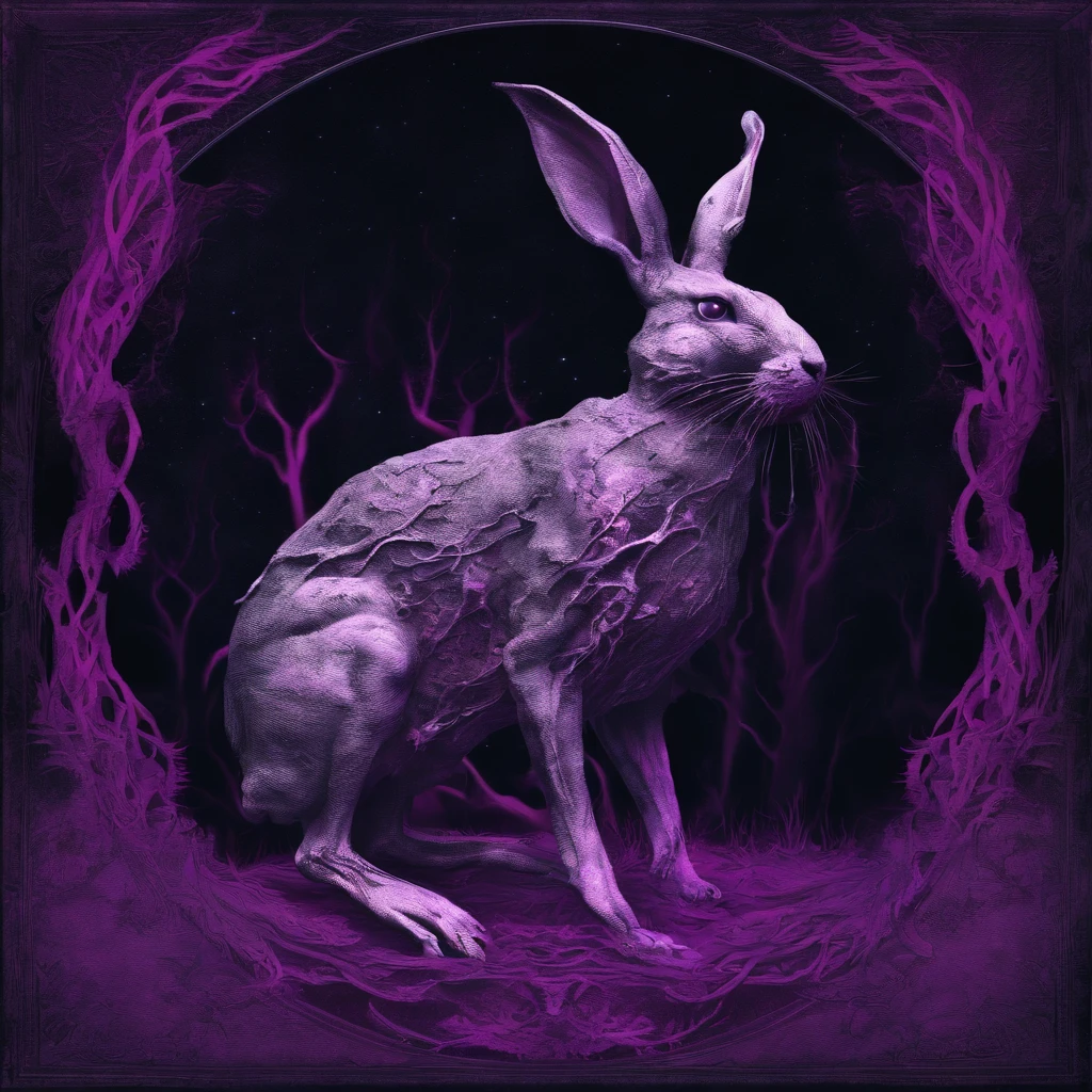 Rabbit with black and purple fur and magenta antlers, glowing eyes, night sky full of Eldritch horror and tentacles, best quality, masterpiece