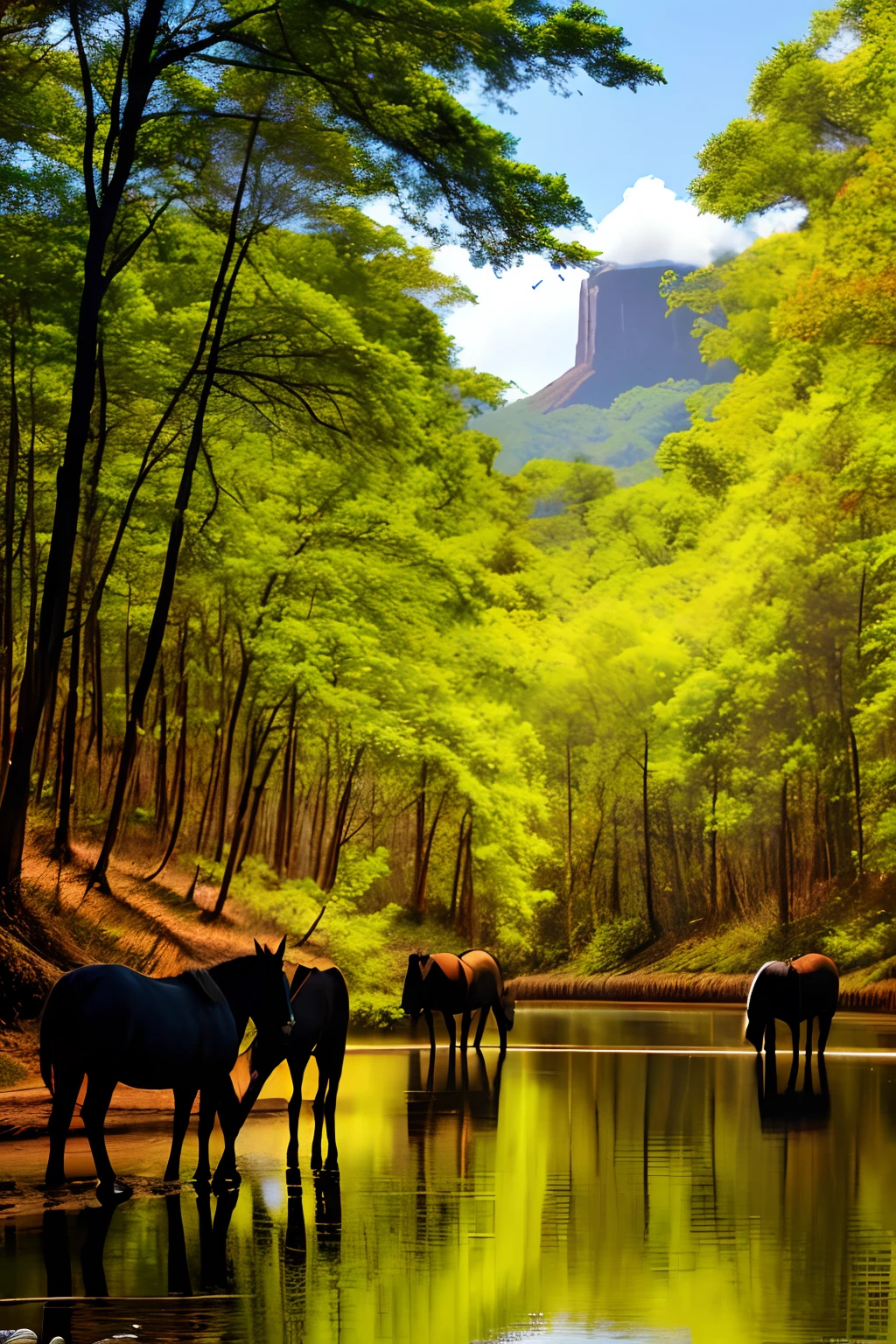 Native American Group. Rosto de Homens e mulheres e seus corpos. Some Indians are giving food to horses, a paisagem e cercada por rio, aldeia, floresta lindissima, energia da natureza, textura da pele, as luzes do sol, water reflection , lamps, entre o recife de coral, rosto detalhado, fundos detalhados pouco desfocados, luzes naturais, HDR, Foto realista, SSS Pelé, foto profissional, flerte com o espectador, Angelic visual, extremamente detalhado, CG 8k unit - variation --v 6