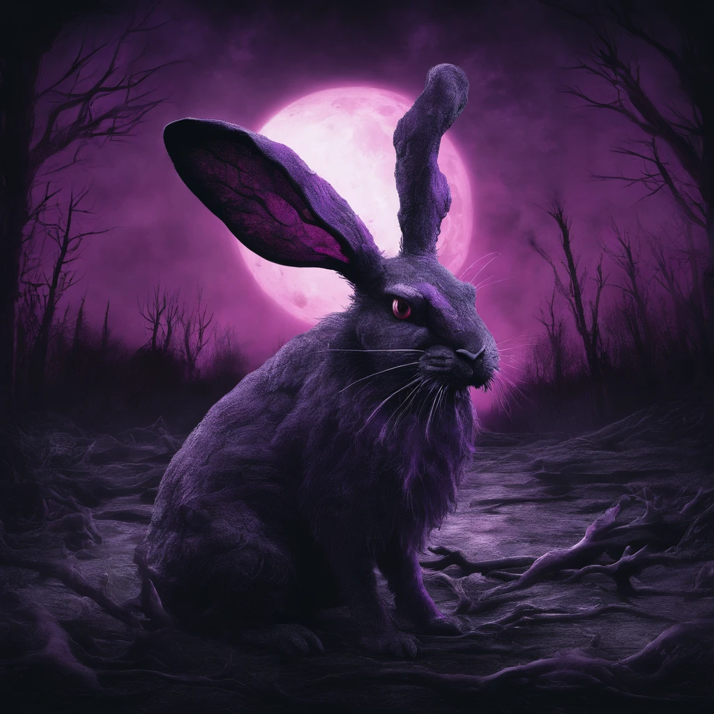 Rabbit with black and purple fur and magenta antlers, glowing eyes, night sky full of Eldritch horror and tentacles, best quality, masterpiece