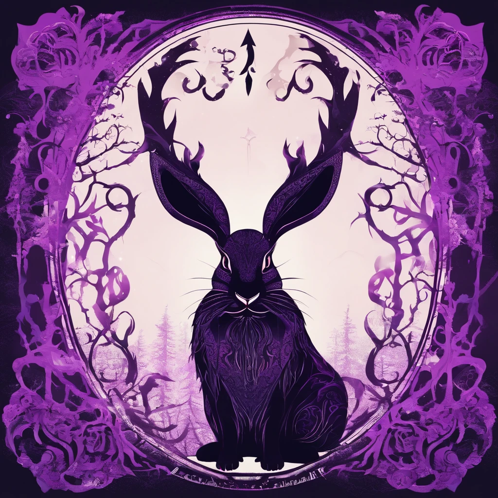 Rabbit with black and purple fur and magenta antlers, glowing eyes, night sky full of Eldritch horror and tentacles, best quality, masterpiece