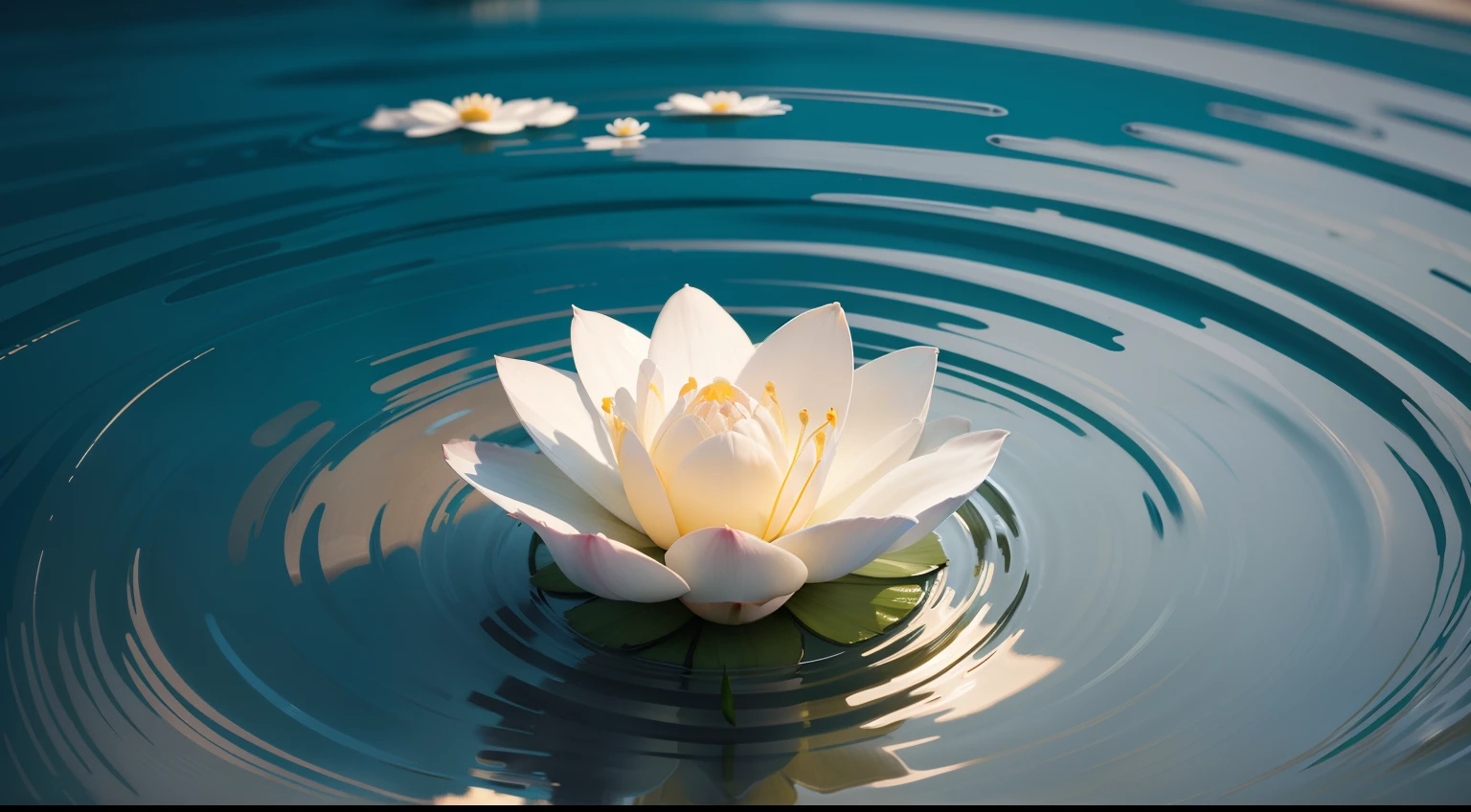 Create an image of a white flower floating on the waters of the lake