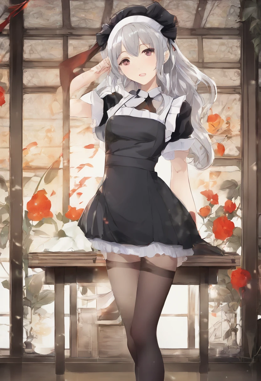 Beautiful woman standing with her legs open, dressed as a maid, ((dynamic pose))), reclining on a table, taking back, taking back, showing her ass, Pantyhose drooping, long and slender legs, (beautiful round tail), (narrow waist). NSFW. pulling out ass, pantyhose at half height
