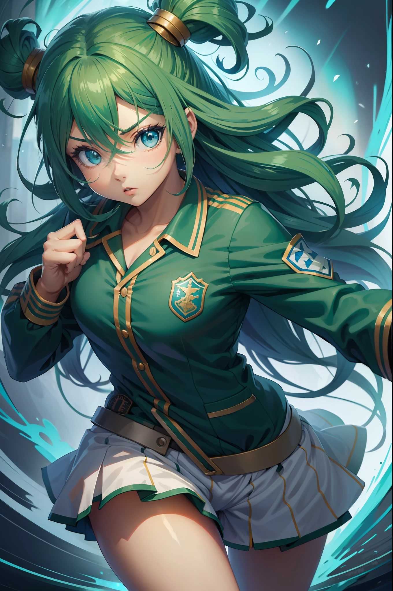 menina anime , cabelo verde azul, uniforme de futebol, estilo agressivo