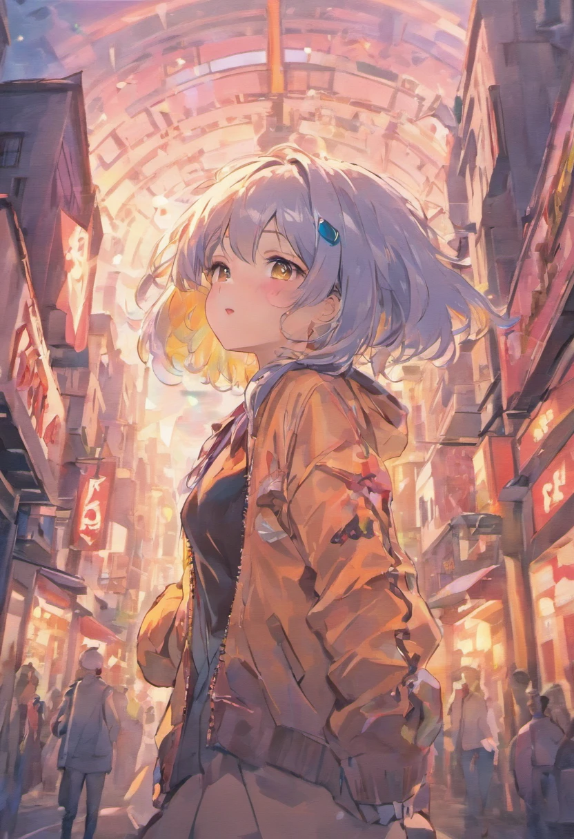 ,Silver Twitch Hair, Adults, 20yr old,, Blouson with street patch, lollipop , Smiling,, top-quality, masterpiece,Contre-Jour,Sunlight,