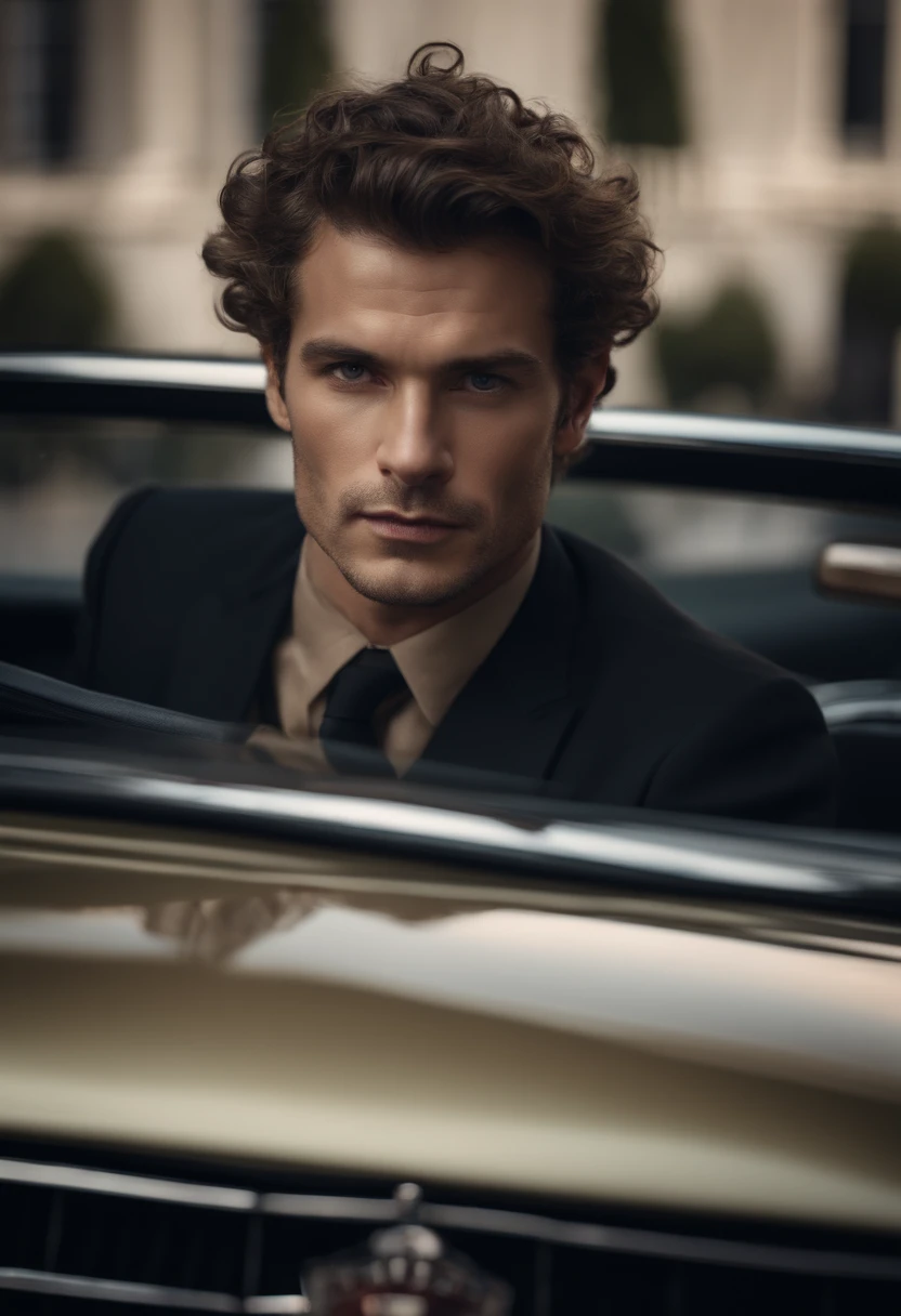corps entier, wide-angle photo close-up portrait of the body of a handsome man , Grand et en forme, (40 ans:1.1), (shaven:1.2) , (curly short brown hair:1.2),(Cheveux courts:1.3). Dark brown tight velvet suit, (La veste a des motifs de fleurs noires:1.2). (posing outside the mansion with a luxury car:1.1), crowded street with cafes in the distance, Cold and dark sunset at dusk, (Edge Light:1.1),(Concentrez-vous sur les yeux), (angry look), (hard light on the skin:1.2), (ombres dures, dark themed, Contraste profond:1.1), (photographie de portrait par Annie Liebovitz), Dark mint theme and choral aesthetics, (skin imperfections)