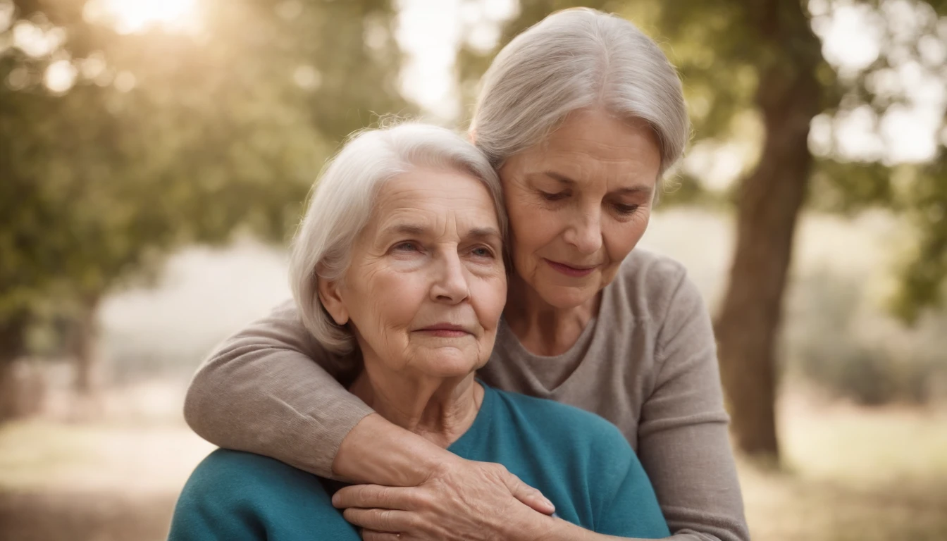 an elderly mother, cuddled with her teenage son