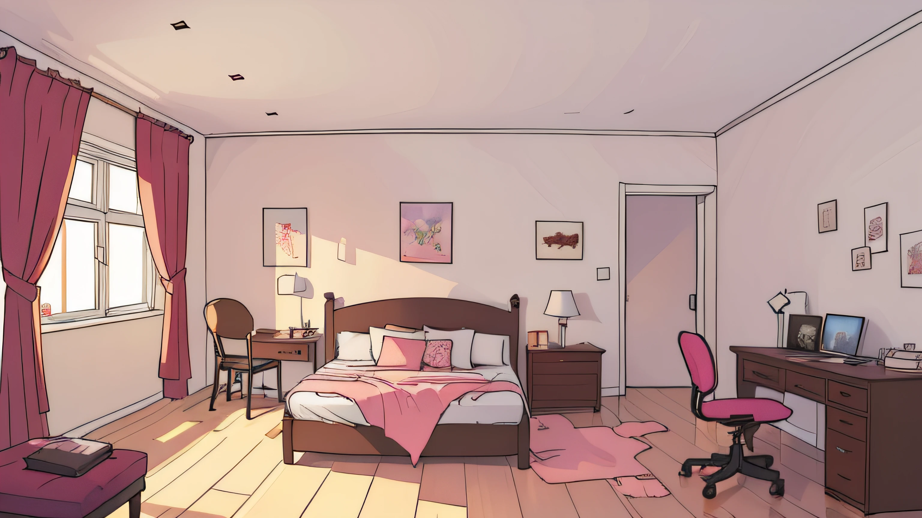 messy bedroom, sunrise, empty room, pink room