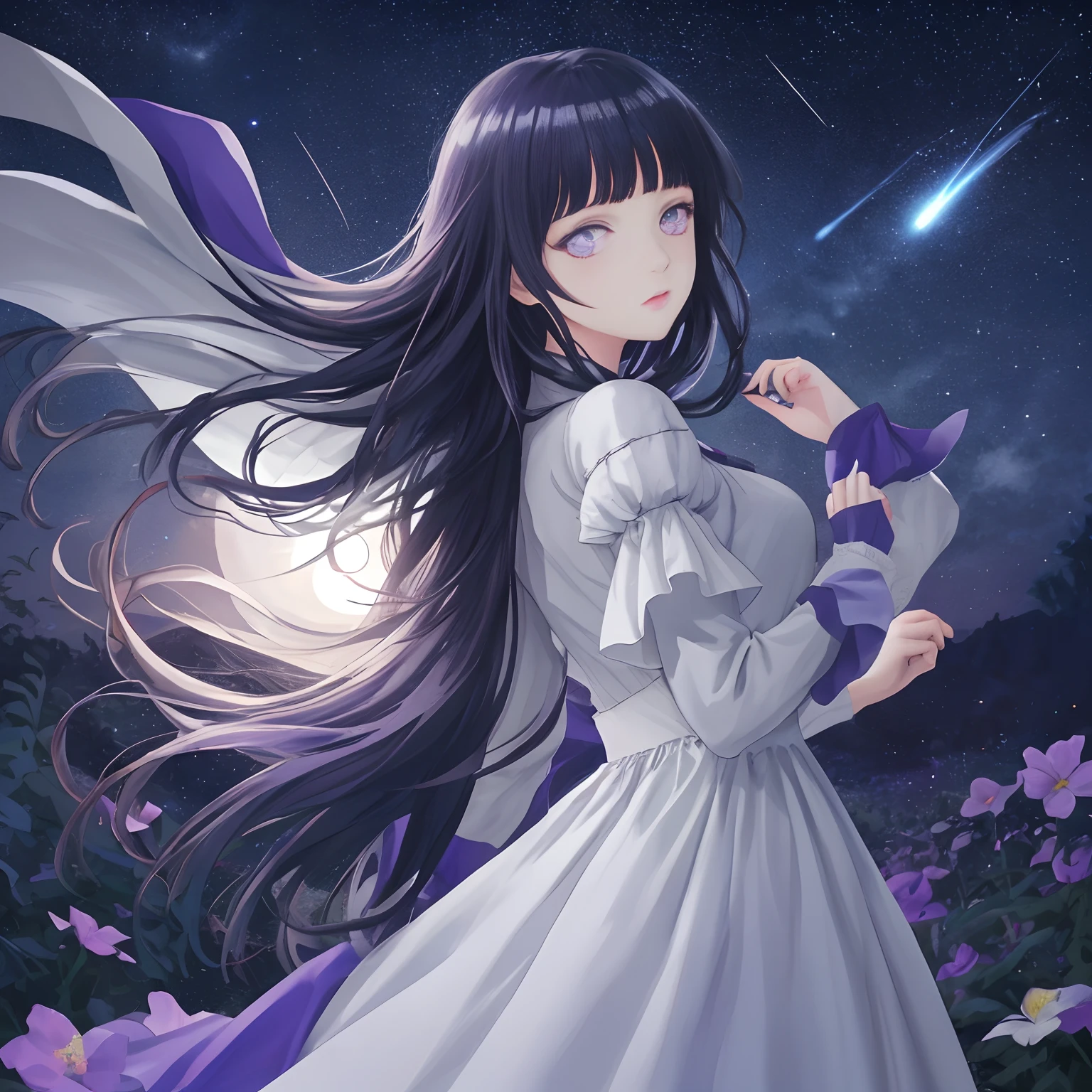 (Best Quality, masutepiece), Young Woman, Medieval princess white dress, Pose, Particle, Wind, flower, Upper body, Full moon night background, Looking at Viewer, long straight windblown dark blue hair, Detailed purple eyes, Galaxy, Back lighting, Rim Lights, beautiful artwork, Perfect composition, Blunt Bangs