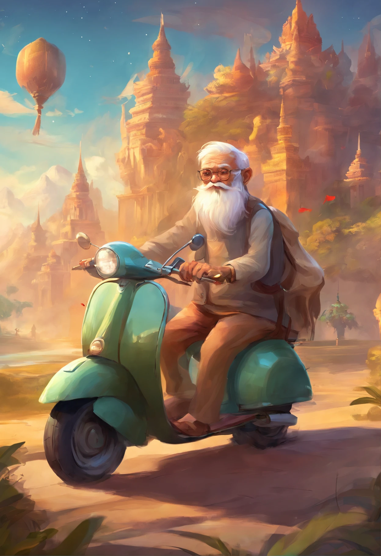 Old man driving vespa in Thailand, cartoon,