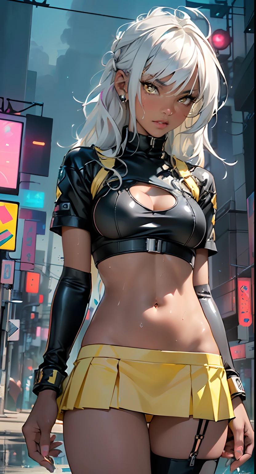 dark skin,very dark skin,dark_skin,
girl rave,(((1girl))),((girl with extremely cute and beautiful white hair)),
(large breasts:1.4),saggy breasts,(((white hair:1.35,straight hair,long hair:1.4,colored inner hair,ear breathing))),(((very light yellow eyes:1.3))),intricate eyes,beautiful detailed eyes,symmetrical eyes,((fat)),((((black girl,black skin,dark-skinned_female,dark skin:1.3,ebony skin,lustrous skin:1.5,bright skin: 1.5,shiny skin,very shiny skin,shiny body,plastic glitter skin,exaggerated shiny skin,shiny skin like ebony,illuminated skin, wet legs))),(spider lower abdomen,narrow waist,wide hip,athletic body,inflated legs,delicate detailed fingers,detailed body,human hands,(detailed face)),
cute,slutty,seductive,erotic,(((nsfw))),
zettai ryouiki,revealing clothing,show skin,((rave shirt with an yellow print,rave mini-skirt,visible thong straps)),(wearing a rave outfit:1.3,rave clothes,semi-naked,with little clothing),((wet clothes,intricate outfit,intricate clothes)),
(dynamic pose:1.0),solo focus,embarrassed,(centered,scale to fit dimensions,Rule of thirds),
cyberpunk city by the ocean at night, with bright neon signs and dark stormy clouds and puddles, scenery:1.25,
highres, sharp focus, (ultra detailed, extremely detailed), (photorealistic artwork:1.37),(extremely detailed CG unity 8k wallpaper),((synthwave background theme)),(((vibrant colors))),(intricate background),(masterpiece),(best quality),