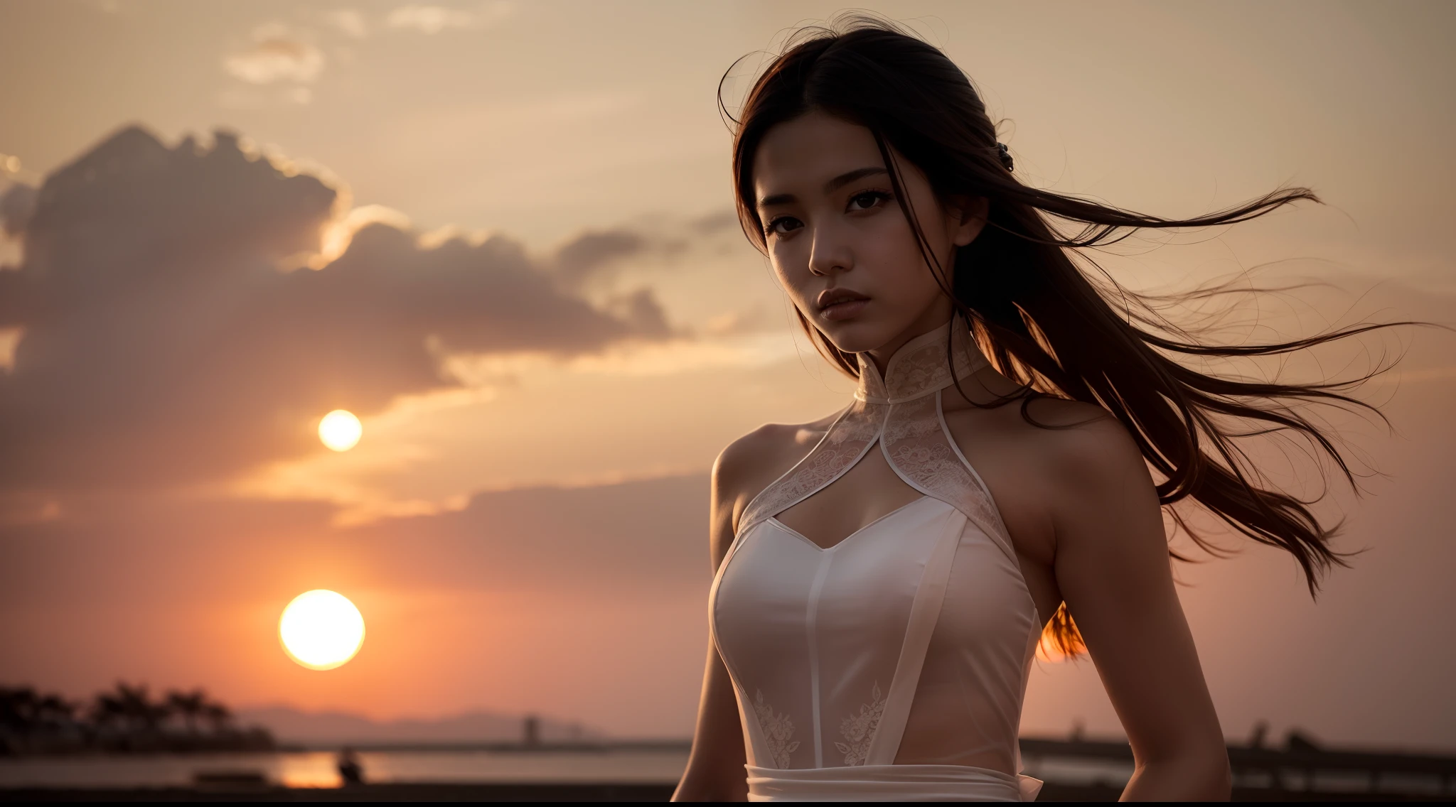 partial underwater shot,Ancient Chinese transparent gauze dress,Women dance,best qualityer,16k high resolution wallpaper,Cinematic lighting,perfect bodies,s the perfect face,Water lines are depicted in detail,The setting sun shines