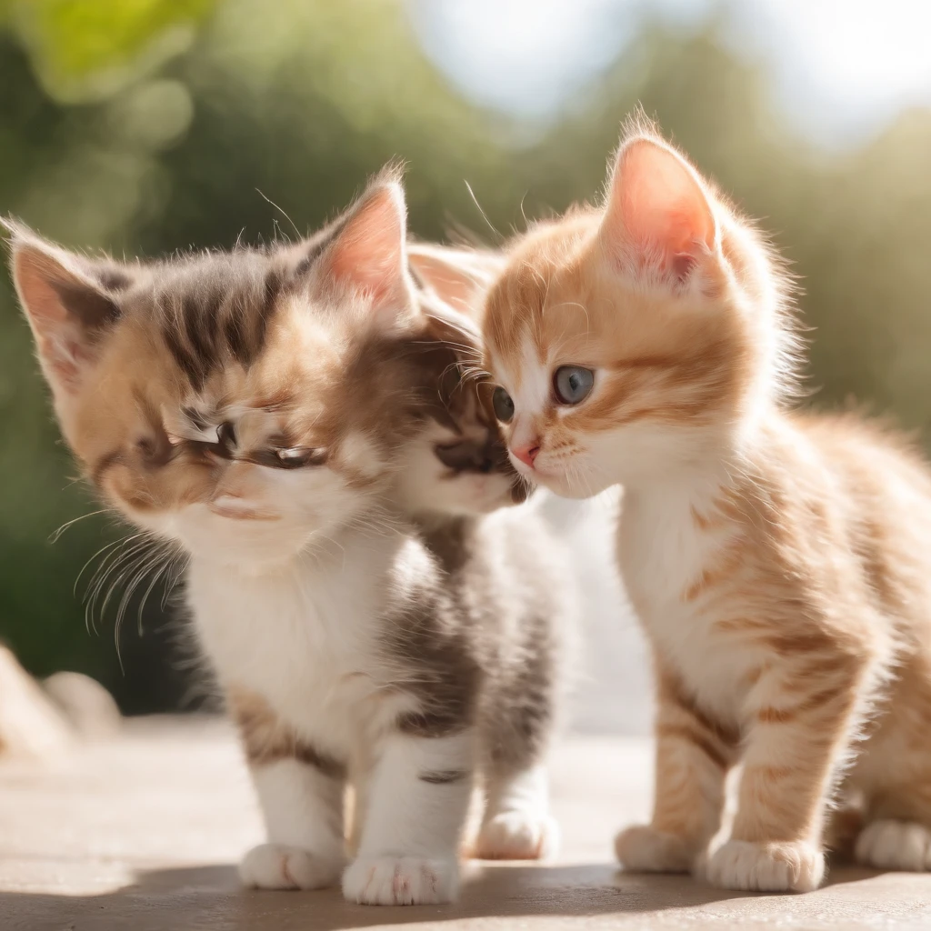 2 cute happy kittens playing in the morning light, pixar, adorable