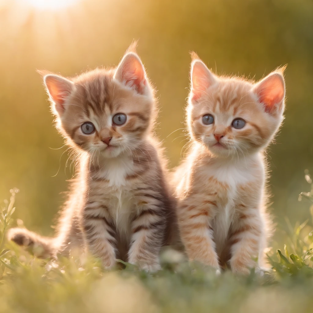 2 cute happy kittens playing in the morning light, pixar, adorable