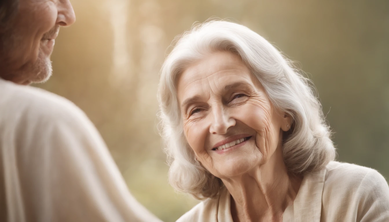 Elderly mother smiling, beside Jesus Christ