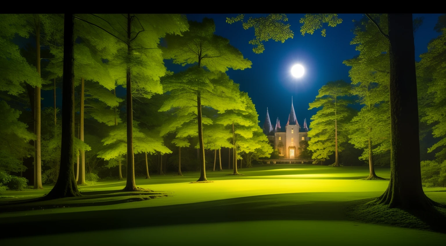 A forest of tranquility at night，in a panoramic view，Moonlight spills down the Tyndall pillar of light，Lush trees，Covered with moss，A dilapidated castle stands on the hillside，rays of moonlight，grand master，，tmasterpiece，the night，rays of moonlight，Light and dark relationship，cel shadow