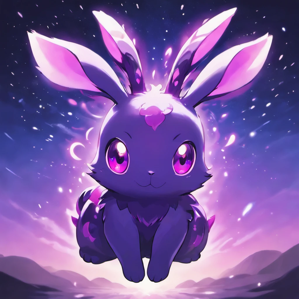 Rabbit with black and purple fur and magenta antlers, glowing eyes, night sky full of Eldritch horror and tentacles, best quality, masterpiece