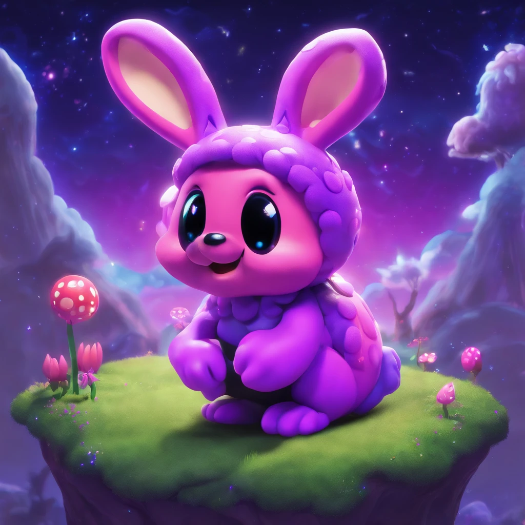 Rabbit with black and purple fur and magenta antlers, glowing eyes, night sky full of Eldritch horror and tentacles, best quality, masterpiece