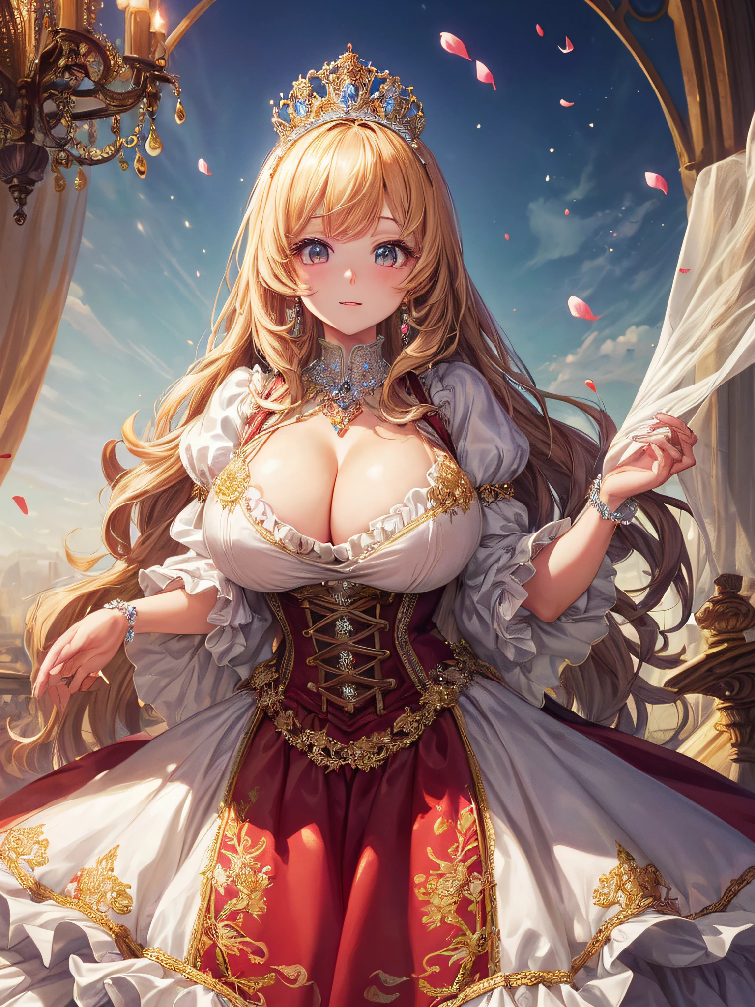 (masterpiece, best quality,extremely detailed:1.1),(moe anime art style:1.2),1girl,((full body,focus face)),((solo)), cute, kawaii,digital art,((1 gorgeous anime princess wearing beautiful embroidery and jeweled ruffled gorgeous princess rococo ballgown with voluminous full length hoop skirt)),((crinoline)),long train,voluminous frills,(gorgeous embroidery and beautiful lace),((very gigantic boobs,skindentation)),cleavage,shiny hair,(((very long hair,large amount of straight hair))),((finely detailed face and eyes)),clear pupil,extremely gorgeousfull hair ornament,(bling-bling jeweled extremely gorgeousfull tiara),(bling-bling gorgeous gemstone jewelry),long veil,beautiful background,fantasy background,flowers,flower petals flowing,full body,((beautiful embroidery and jeweled ruffled gorgeous princess rococo ballgown with voluminous full length hoop skirt))