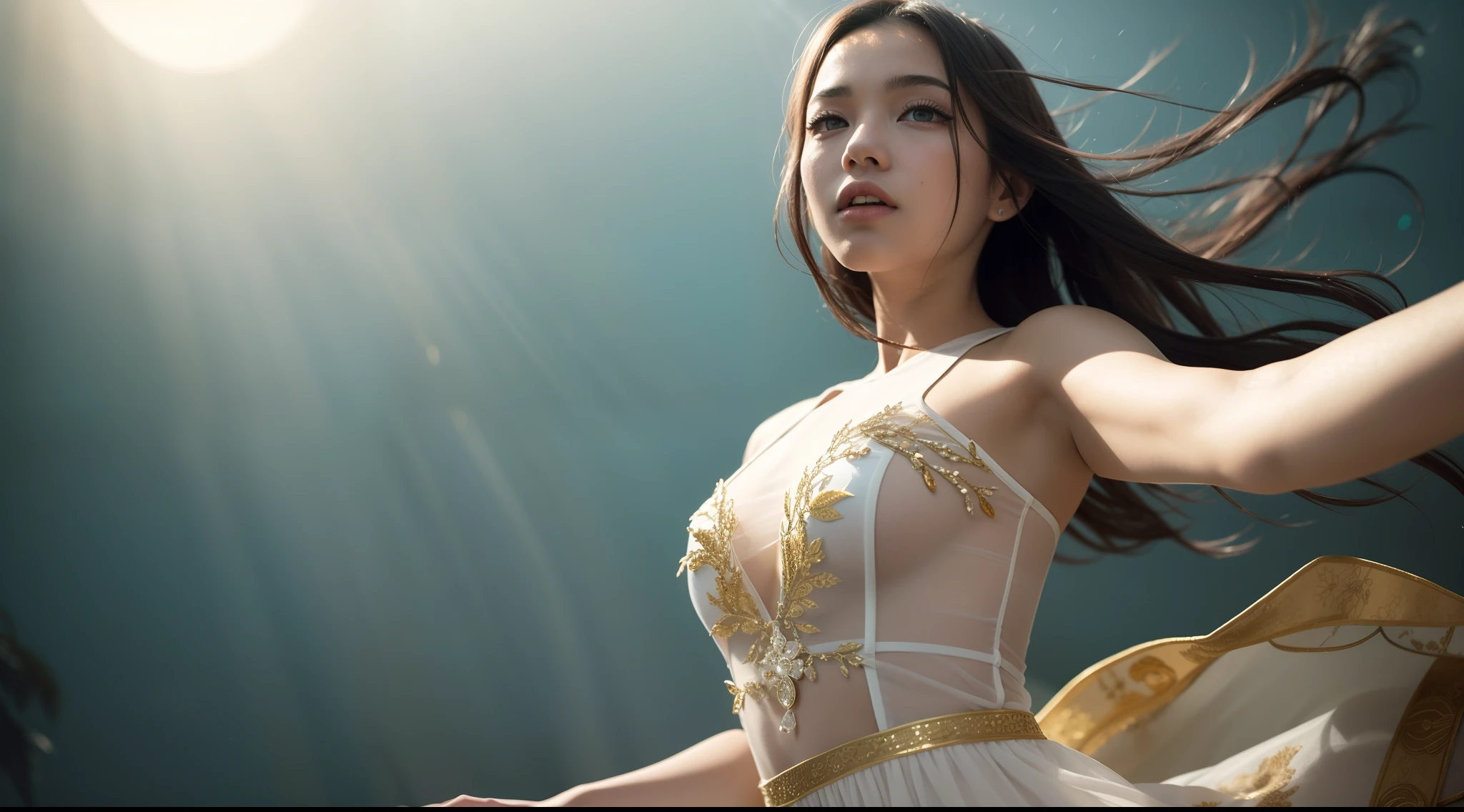 partial underwater shot,Ancient Chinese transparent gauze dress,Women dance,best qualityer,16k high resolution wallpaper,Cinematic lighting,perfect bodies,s the perfect face,The waterline is depicted in detail,The setting sun shines