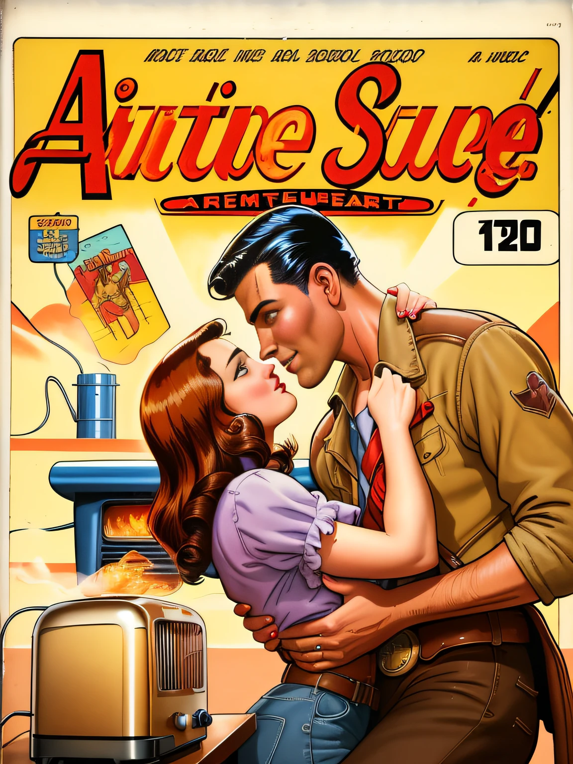 arafooned image of a man and woman kissing in front of a toaster, romance novel cover, western comic, steam romance, pulp magazines cover art, boy girl traditional romance, western film, old retro pulp noir comic cover, western art, retro pulp art, vintage pulp art, western, western comic book art, by Everett Warner, [ western film ]