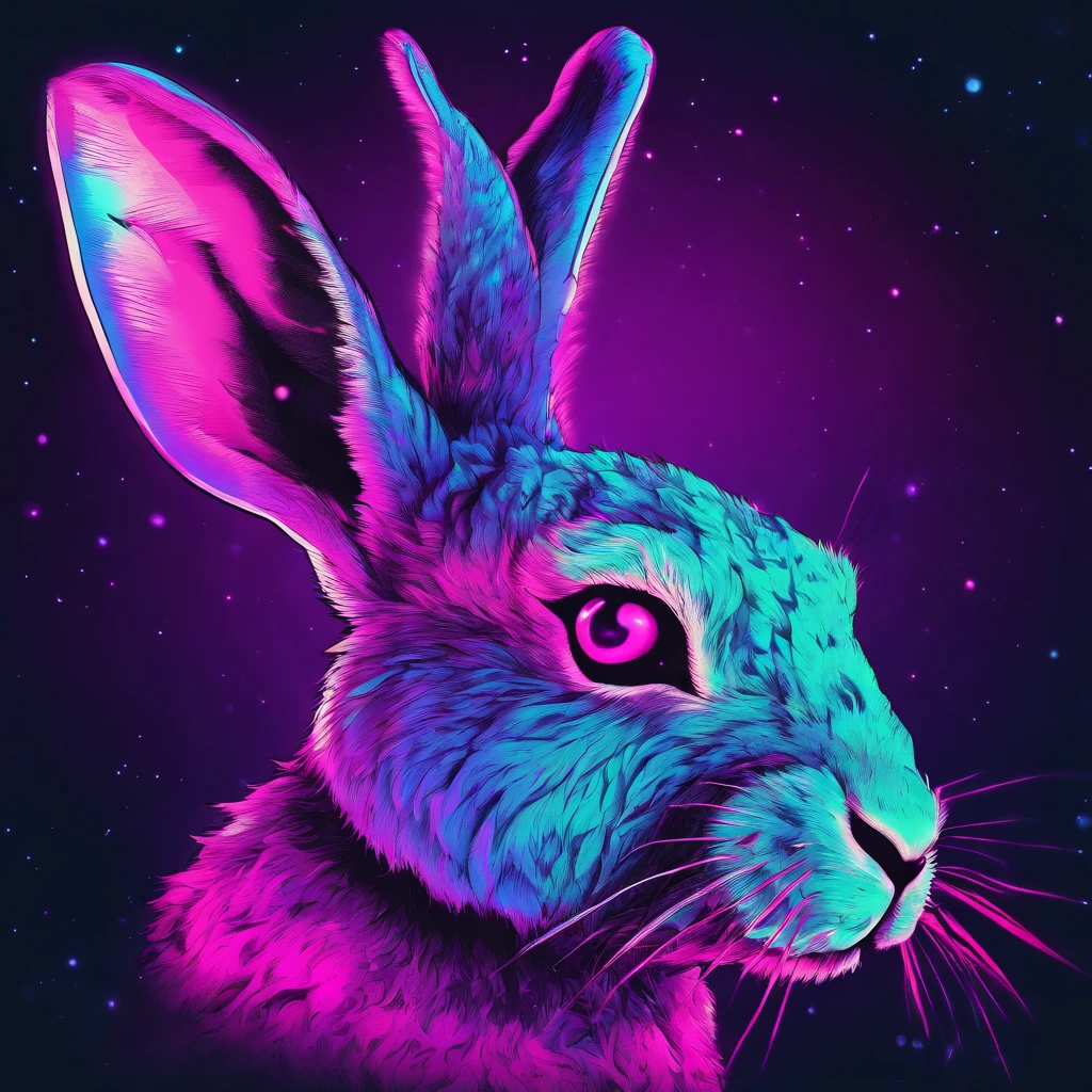 Rabbit with black and purple fur and magenta antlers, glowing eyes, night sky full of Eldritch horror and tentacles, best quality, masterpiece
