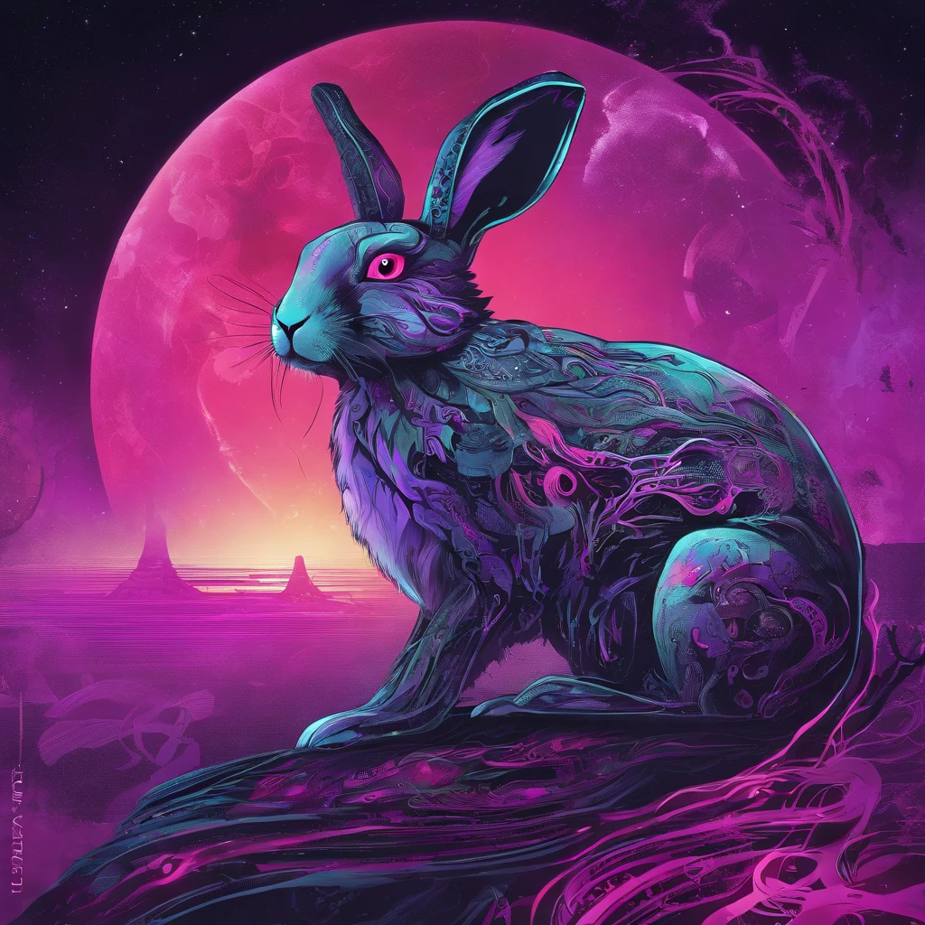 Rabbit with black and purple fur and magenta antlers, glowing eyes, night sky full of Eldritch horror and tentacles, best quality, masterpiece