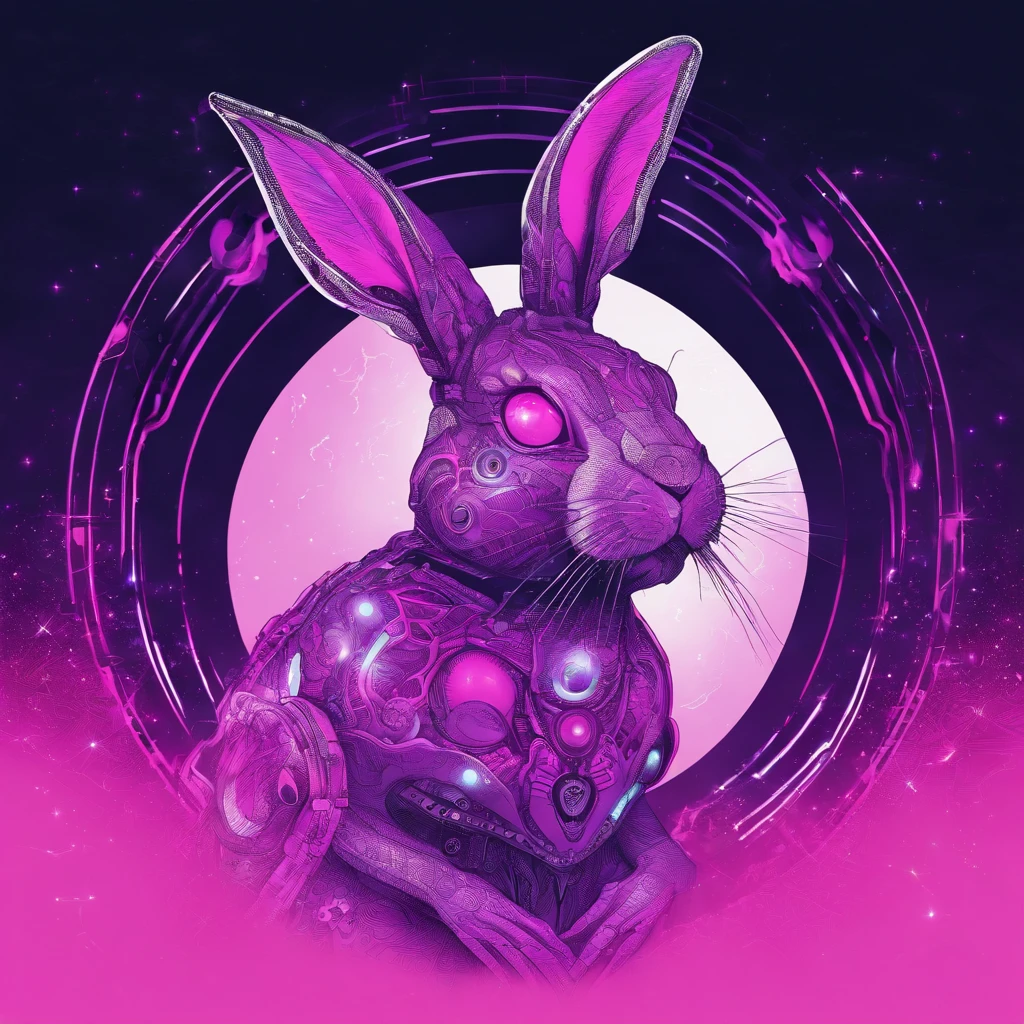 Rabbit with black and purple fur and magenta antlers, glowing eyes, night sky full of Eldritch horror and tentacles, best quality, masterpiece