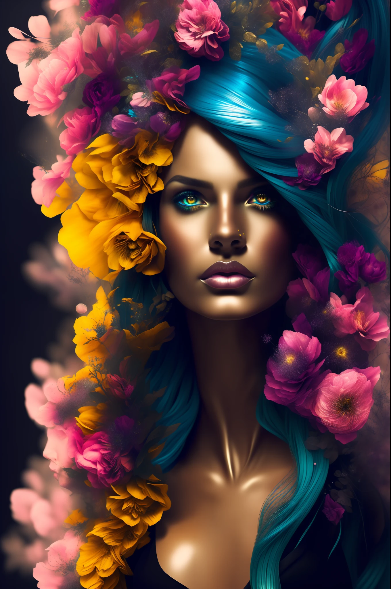 (Masterpiece), (Best Quality), (photorealistic), ((A woman with intricately colored hair made up of flowers)), (Long hair), (magic environment with sparkles), Cinematic lighting, (High Contrast), (Ultra Detailed), Beautiful flowers, A realistic sculpture of wires by Alberto Seveso, (fantasy art style), behance hd, 32k, ultra sharp, ((shiny ultra black background))