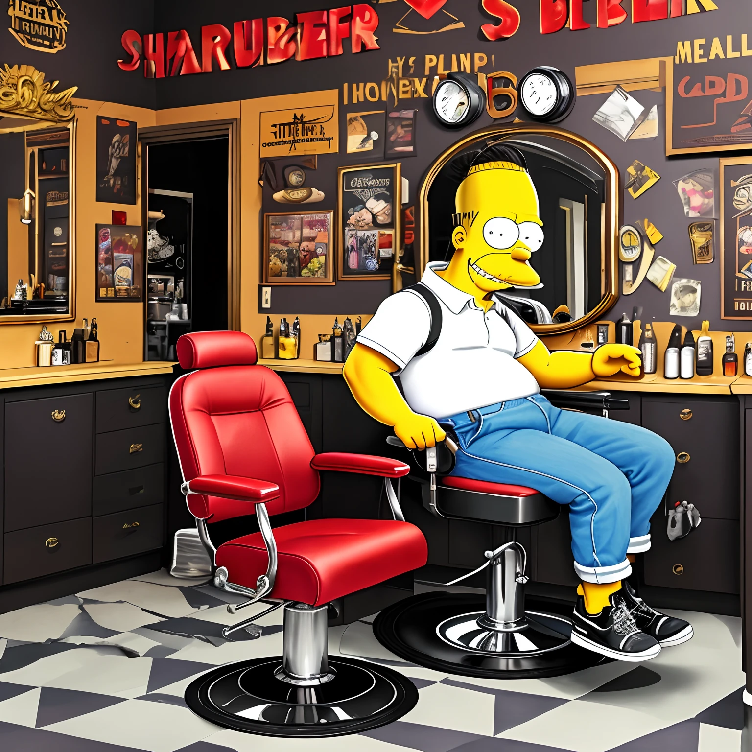 I wanted a better quality image of Bart Simpsons in a barbershop chair satirical drawing satirizing the style of modern barbershop the humorous tone with the wealth of details with barbershop symbol in the background the barber should be bearded tattoo on the left arm white shirt with suspension black pants sneakers or social shoe with Jockey style hairstyle lumberjack barbershop black wall framed on the wall mirror large red chair with the wealth of 8k details best quality