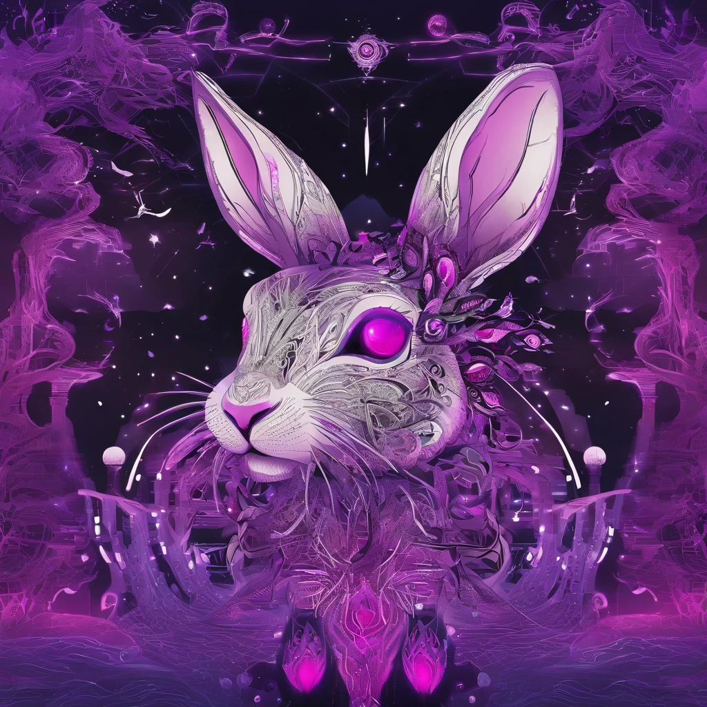 Rabbit with black and purple fur and magenta antlers, glowing eyes, night sky full of Eldritch horror and tentacles, best quality, masterpiece