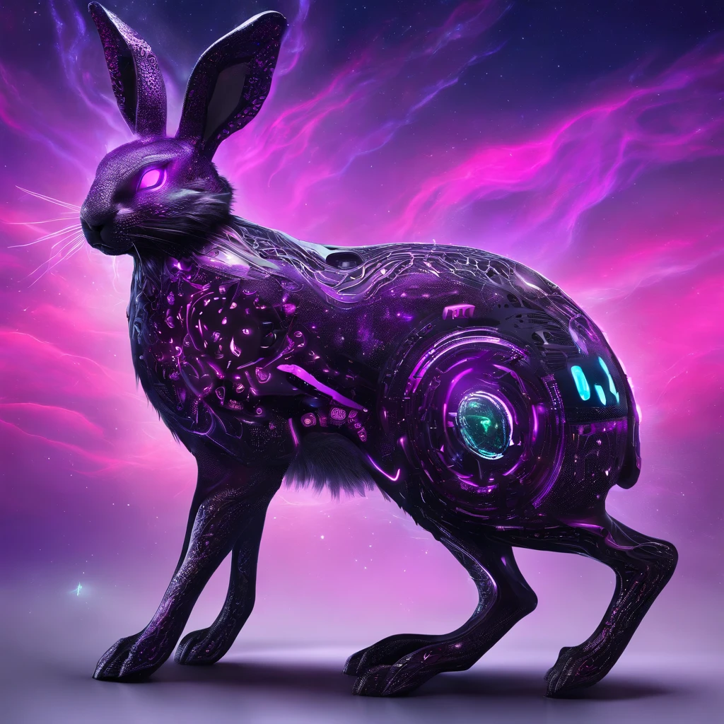 Rabbit with black and purple fur and magenta antlers, glowing eyes, night sky full of Eldritch horror and tentacles, best quality, masterpiece