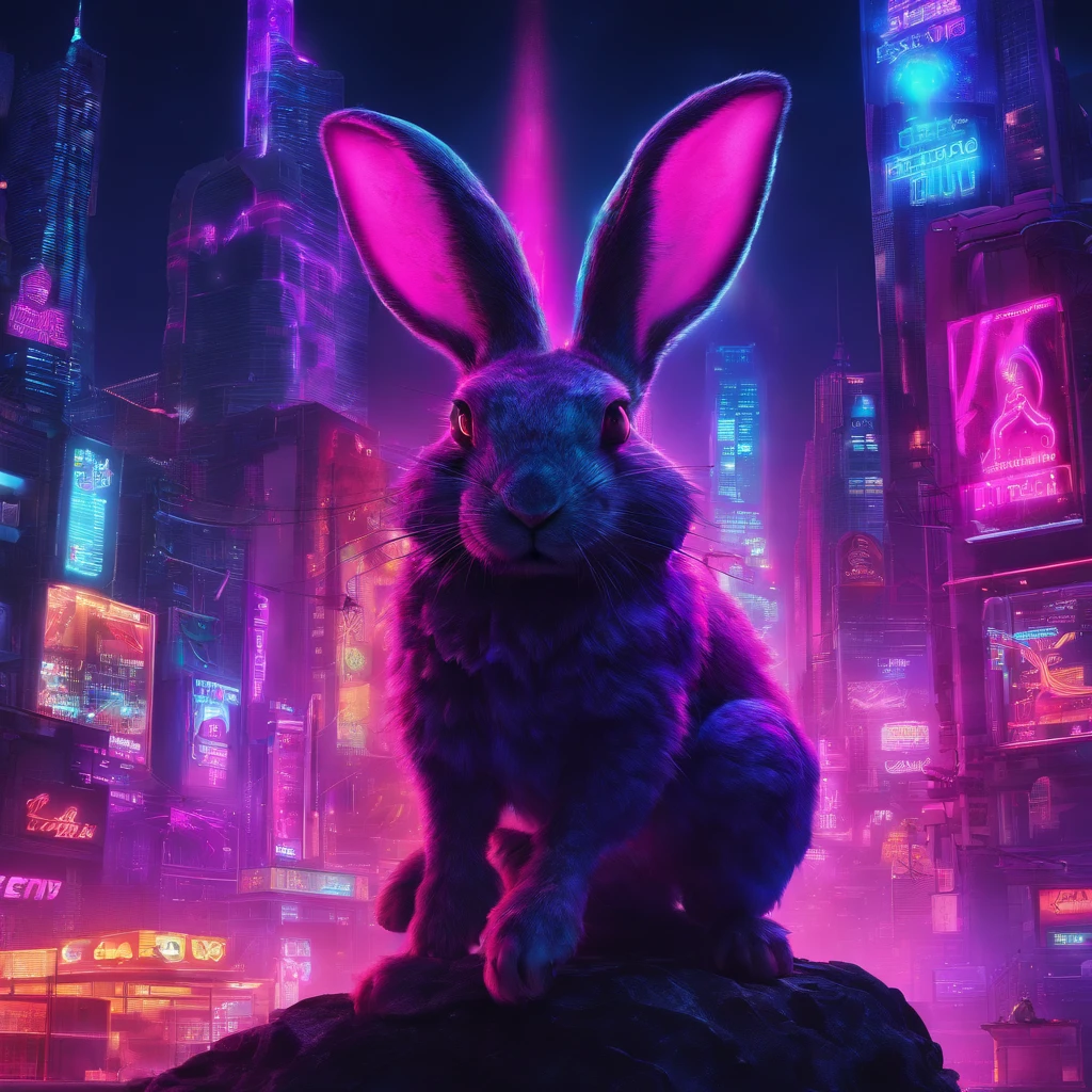Rabbit with black and purple fur and magenta antlers, glowing eyes, night sky full of Eldritch horror and tentacles, best quality, masterpiece