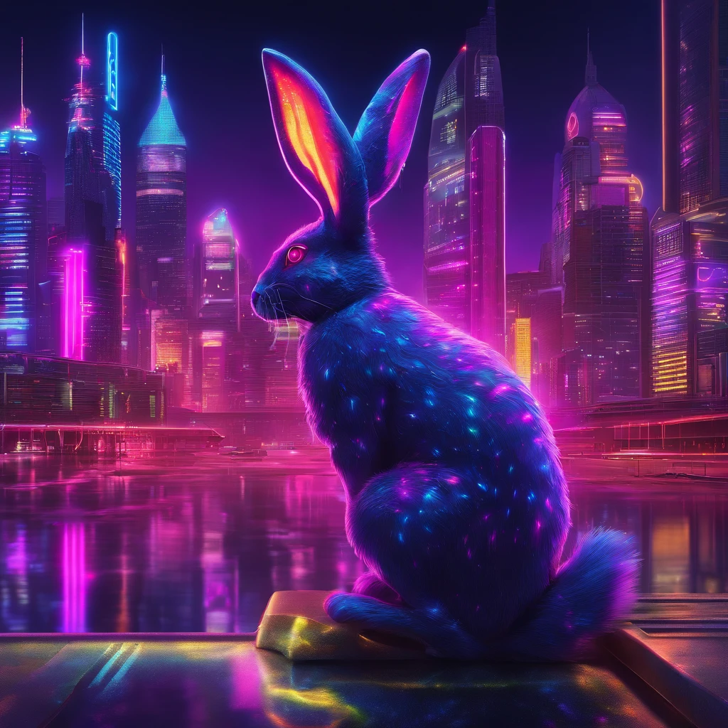 Rabbit with black and purple fur and magenta antlers, glowing eyes, night sky full of Eldritch horror and tentacles, best quality, masterpiece