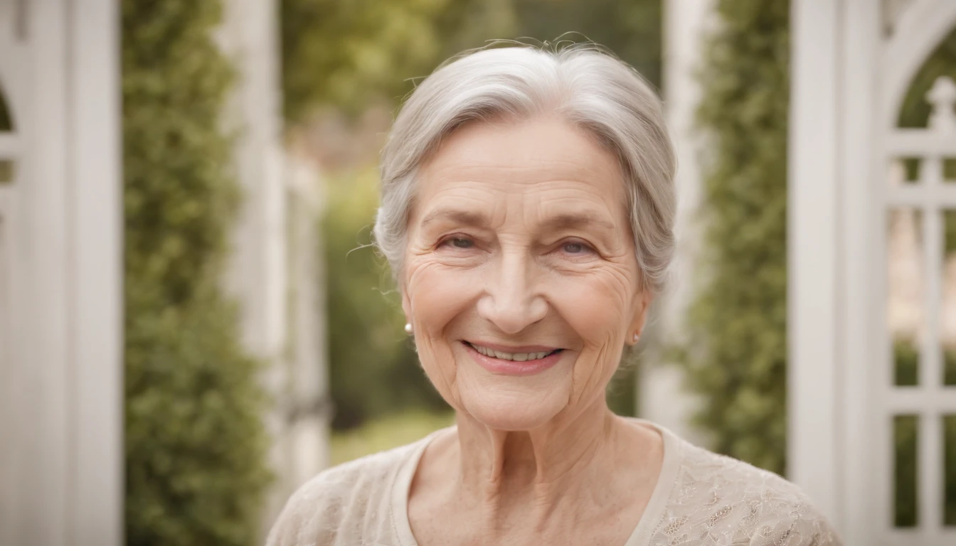 Elderly mother smiling in front of the gates of heaven