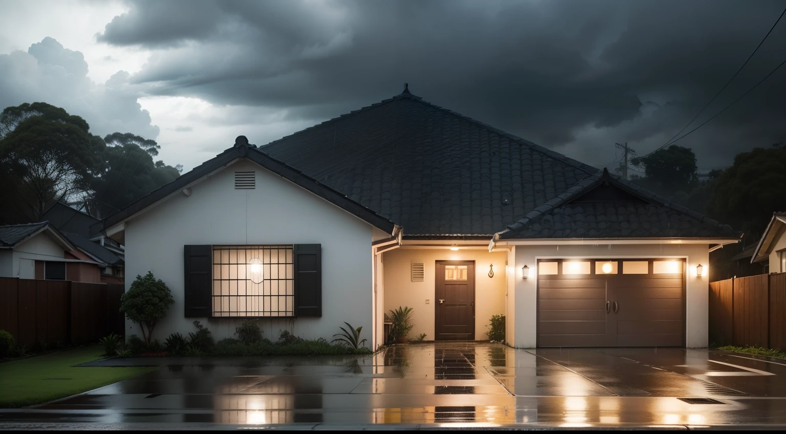 Overcast skies and a house in the middle of a storm, janelas iluminadas pela luz da casa, gotas de chuva caindo, with asphalt roof and sidewalks wet by rain, some trees around the house