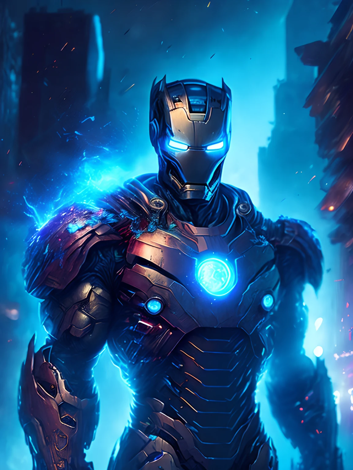gloomy portrait of Zombie Iron Man from Marvel, extremely detailed, futuristic cityscape, nighttime, glowing neon lights, smoke, sparks, metal shavings, flying debris, blue energy effects, volumetric light