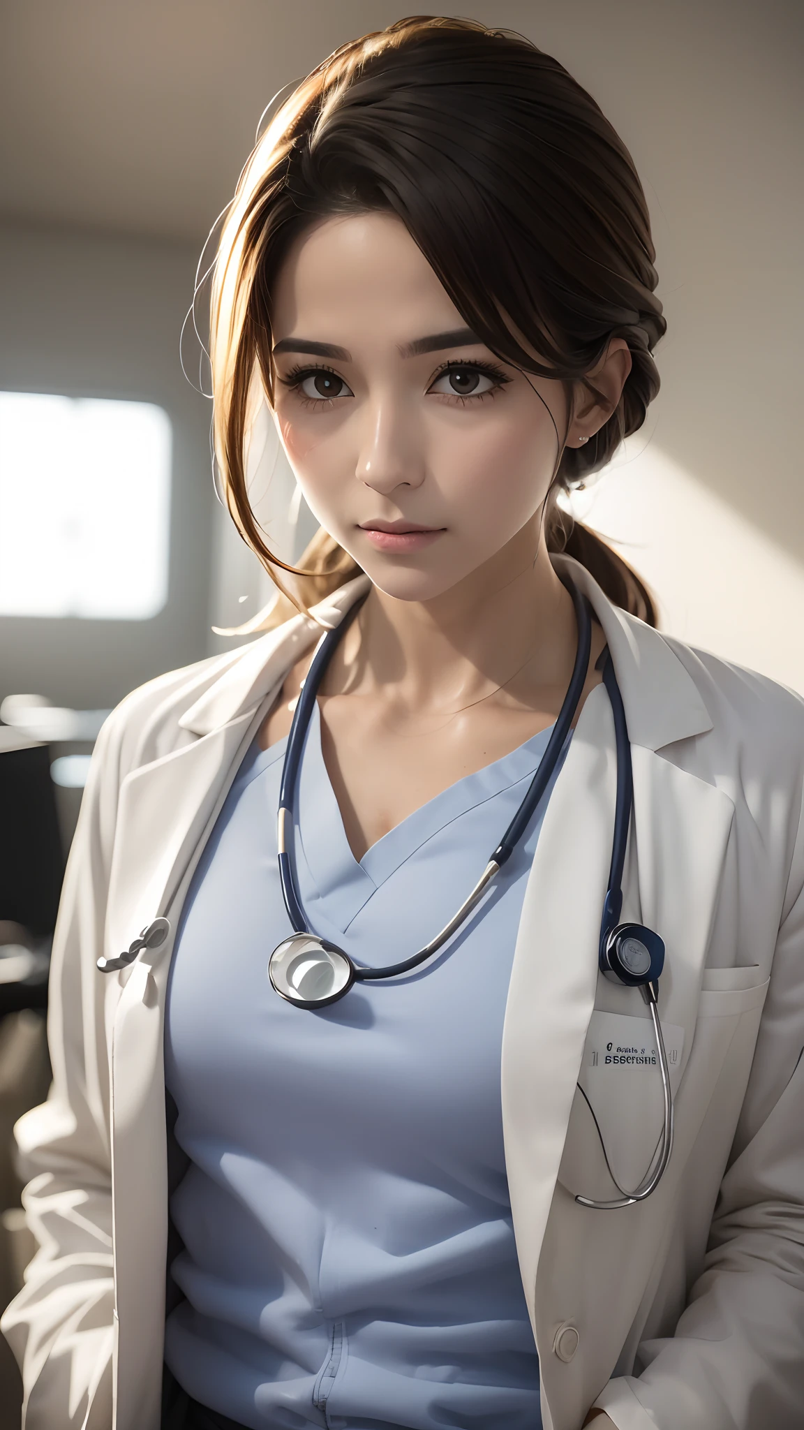 Photorealistic nice doctor、Incrivelmente bonito、doctors white coat, camisa de gola、com olhar fixo para mim, perfect proportions, Nice (qualidade superior、8k、32k、obra prima、NFFSW:1.3)、超A high resolution,(Fotorrealista:1.4),Fotografia RAW, Rosto detalhado, cabelo bonito, ((Estilo Doctor)),seios grandes e cheios , saia preta justa、 maquiagem natural,, 、inside the office, Antecedentes detalhados, perfect lighting, profundidade de campos, Gradiente de sombra bonito,stethoscope ,