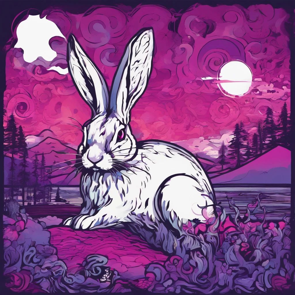 Rabbit with black and purple fur and magenta antlers, glowing eyes, night sky full of Eldritch horror and tentacles, best quality, masterpiece