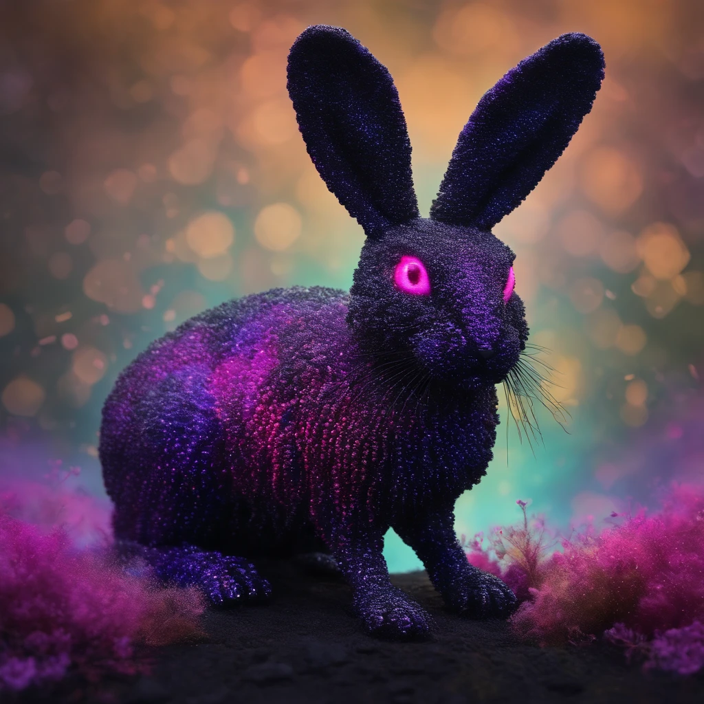 Rabbit with black and purple fur and magenta antlers, glowing eyes, night sky full of Eldritch horror and tentacles, best quality, masterpiece