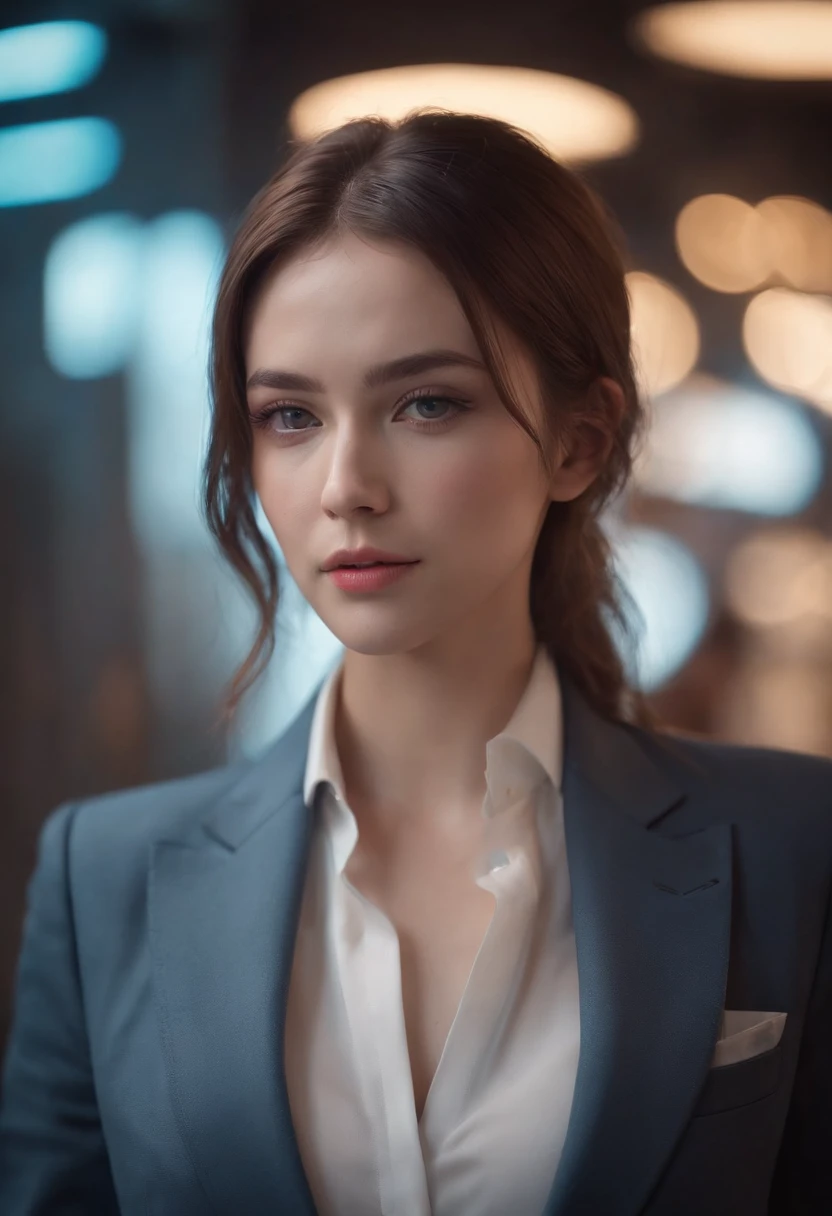 16K, HDR, RTX, raytracing, natural lighting, absurdres, best qaulity masterpiece, perfect anatomy highly detailed face, detailed eyes, 1girl, solo, wearing a business suit, shirt, top button open, beautiful hair, extreme beautiful, edgy, cool, evil aura, windy, glowing eyes, serious expressions, dystopian city, futuristic, detailed background, award winning, neon lights, trending on art station