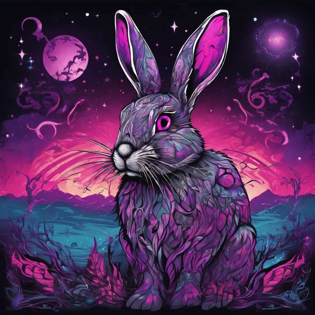 Rabbit with black and purple fur and magenta antlers, glowing eyes, night sky full of Eldritch horror and tentacles, best quality, masterpiece