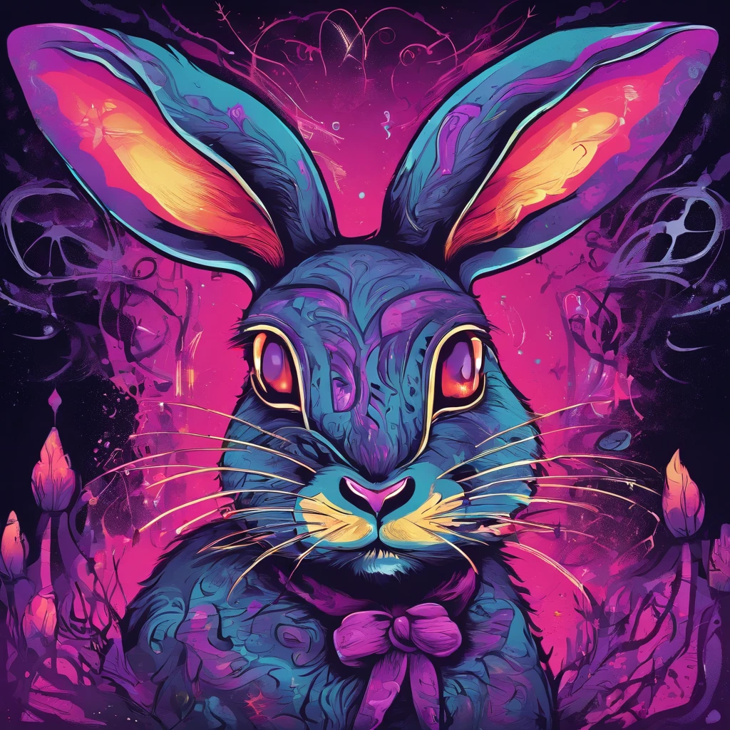 Rabbit with black and purple fur and magenta antlers, glowing eyes, night sky full of Eldritch horror and tentacles, best quality, masterpiece