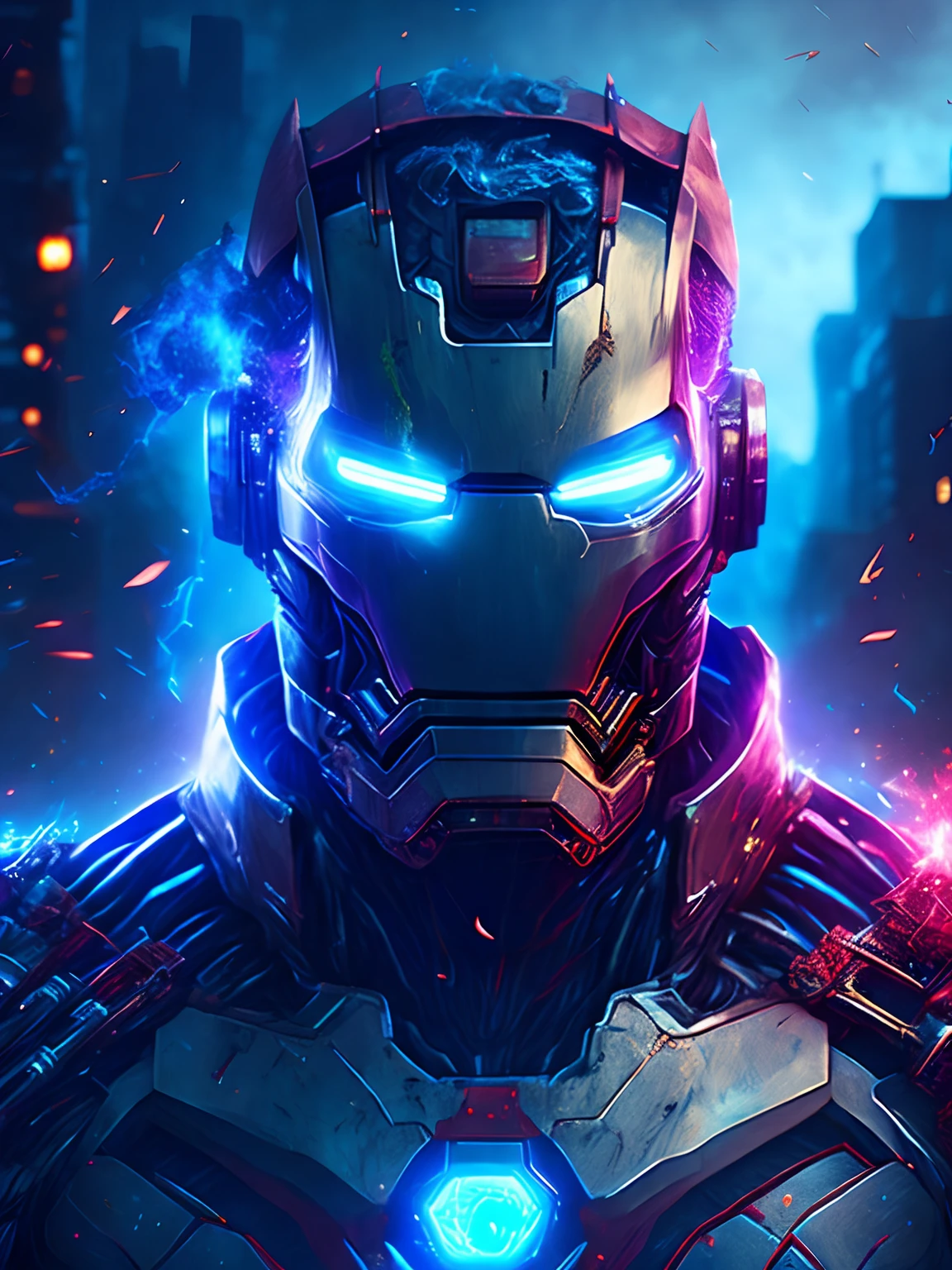 gloomy portrait of Zombie Iron Man from Marvel, extremely detailed, futuristic cityscape, nighttime, glowing neon lights, smoke, sparks, metal shavings, flying debris, blue energy effects, volumetric light